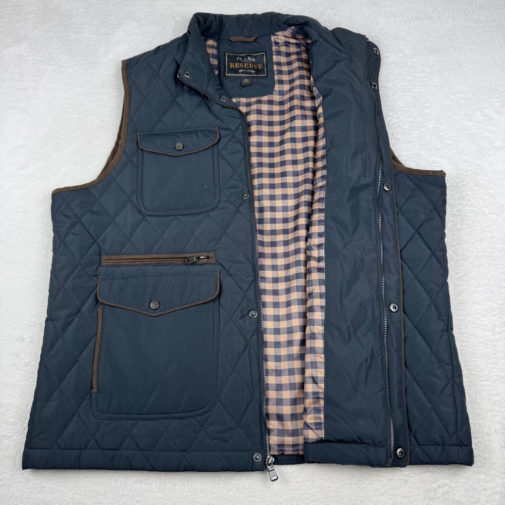 Jos. A. Bank Reserve Quilted Field Vest Mens XL Navy Blue Gingham Lining Pockets